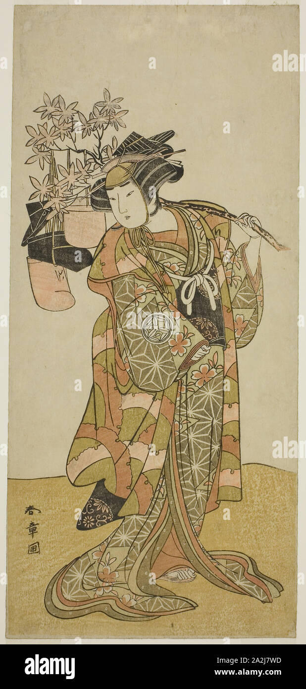 Der Schauspieler Yamashita Kinsaku II wie Odai, ein Eboshi (Hut) Verkäufer in der Play Hana-zumo Genji Hiiki, durchgeführt an der Nakamura Theater im elften Monat, 1775, C. 1775, Shunsho Katsukawa 勝川 春章, Japanisch, 1726-1792, Japan, Farbe holzschnitt, hosoban, 32,8 x 14,8 cm (12 15/16 x 5 13/16-in Stockfoto