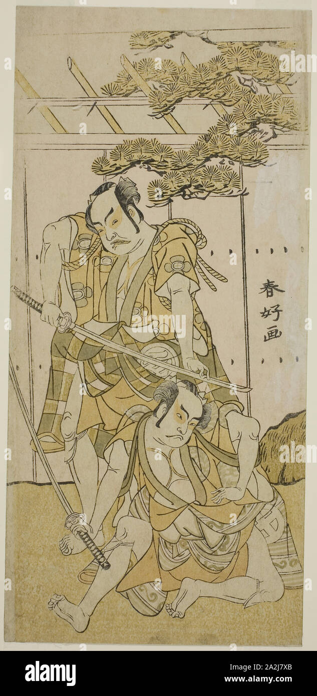 Die Schauspieler Otani Hiroji III als Onio Shinzaemon (rechts), und Nakamura Sukegoro II als Wappa keine Kikuo (Links) im Spiel Iro Moyo Aoyagi Soga, durchgeführt an der Nakamura Theater im ersten Monat, 1775, C. 1775, Katsukawa Shunko I, Japanisch, 1743-1812, Japan, Farbe holzschnitt, hosoban, 29,5 x 13,7 cm (11 5/8 x 5 3/8 Zoll Stockfoto