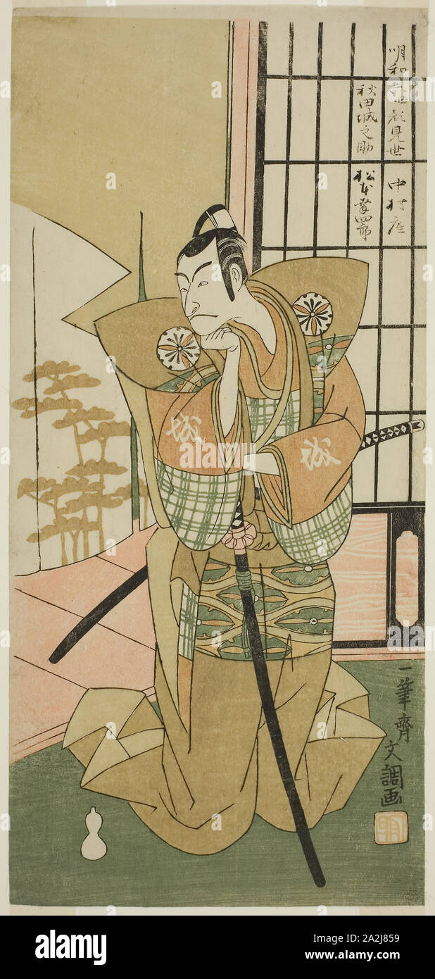Der Schauspieler Matsumoto Koshiro III als Akita Jonosuke im Spiel Kawaranu Hanasakae Hachi keine Ki, durchgeführt an der Nakamura Theater im elften Monat, 1769, C. 1769 Ippitsusai Buncho, Japanisch, Aktive c. 1755-90, Japan, Farbe holzschnitt, hosoban, 31,9 x 14,8 cm (12 9/16 x 5 13/16-in Stockfoto