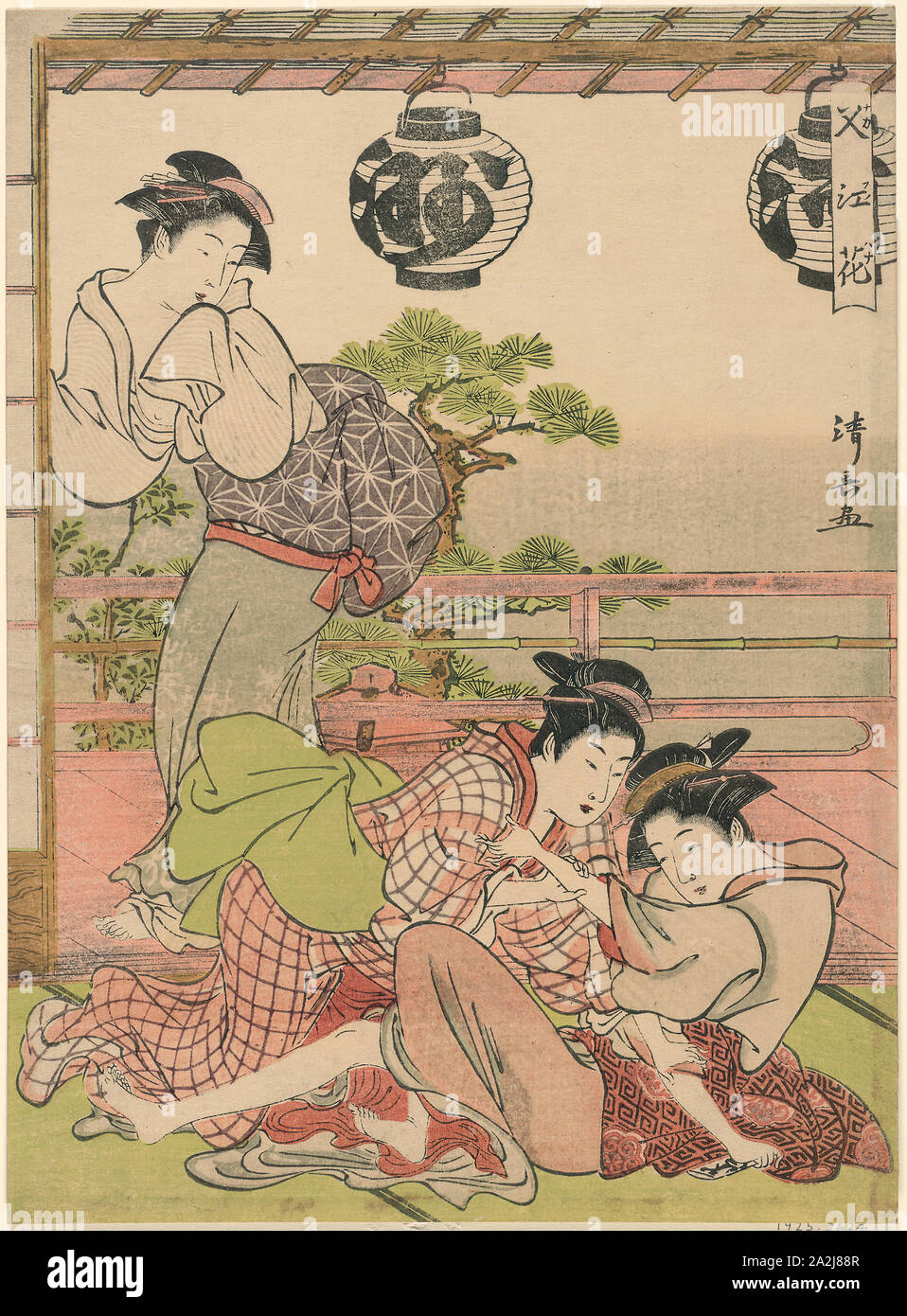 Zwei Geisha kämpft für einen Brief (Fumi keine arasoi), aus der Serie Blumen der Nakasu (Nakasu no hana), C. 1781, Torii Kiyonaga, Japanisch, 1752-1815, Japan, Farbe holzschnitt, chuban, 25,7 x 18,8 cm Stockfoto