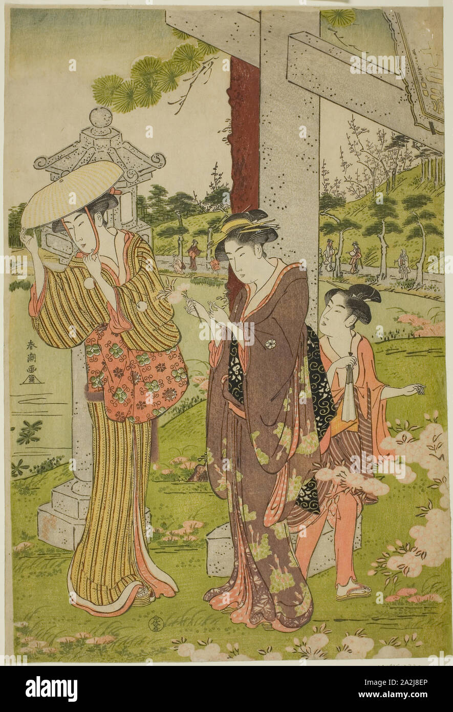 Blumen pflücken an Kumano Junisha Heiligtum in Tsunohazu, Ende 1780, Katsukawa Shuncho, Japanisch, Aktive c. 1780-1801, Japan, Farbe holzschnitt, rechts Blatt oban Triptychon, 37,5 x 25,5 cm (14 3,4 x 10 in Stockfoto