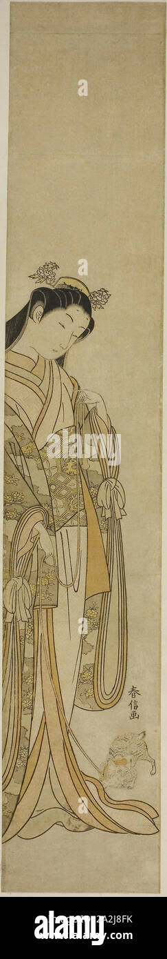 Die dritte Prinzessin und Ihr Haustier Katze, C. 1767, Suzuki Harunobu 鈴木 春信, Japanisch, 1725 (?) -1770, Japan, Farbe holzschnitt, hashira-e, 27 1/8 x 4 3/4 in Stockfoto