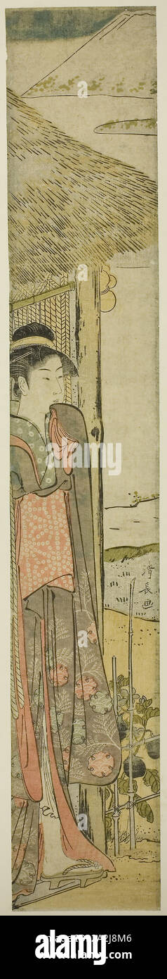 Junge Frau mit Symbolen der erste Traum im neuen Jahr, C. 1782, Torii Kiyonaga, Japanisch, 1752-1815, Japan, Farbe holzschnitt, hashira-e, linken Blatt Diptychon, 70,1 x 11,6 cm Stockfoto