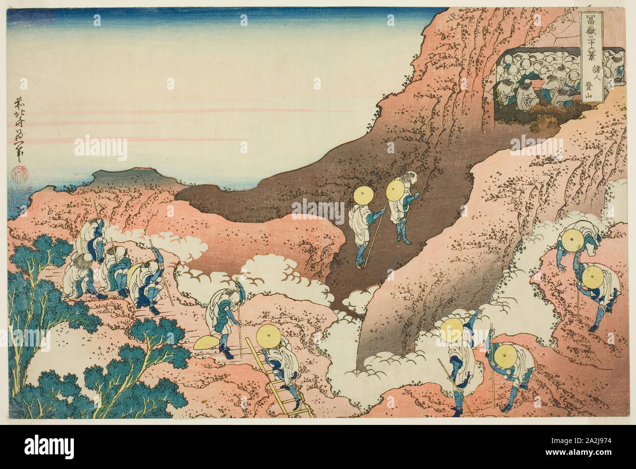 Gruppen von Bergsteiger (Shojin tozan ist), aus der Serie 36 Ansichten des Berges Fuji (Fugaku sanjurokkei), C. 1830/33, Katsushika Hokusai 葛飾 北斎, Japanisch, 1760-1849, Verlag: hibino Yohachi, Japanisch, Unbekannt, Japan, Farb Holzschnitt, Oban, 24,6 x 37 cm (9 5/8 x 14 9/16 Zoll Stockfoto