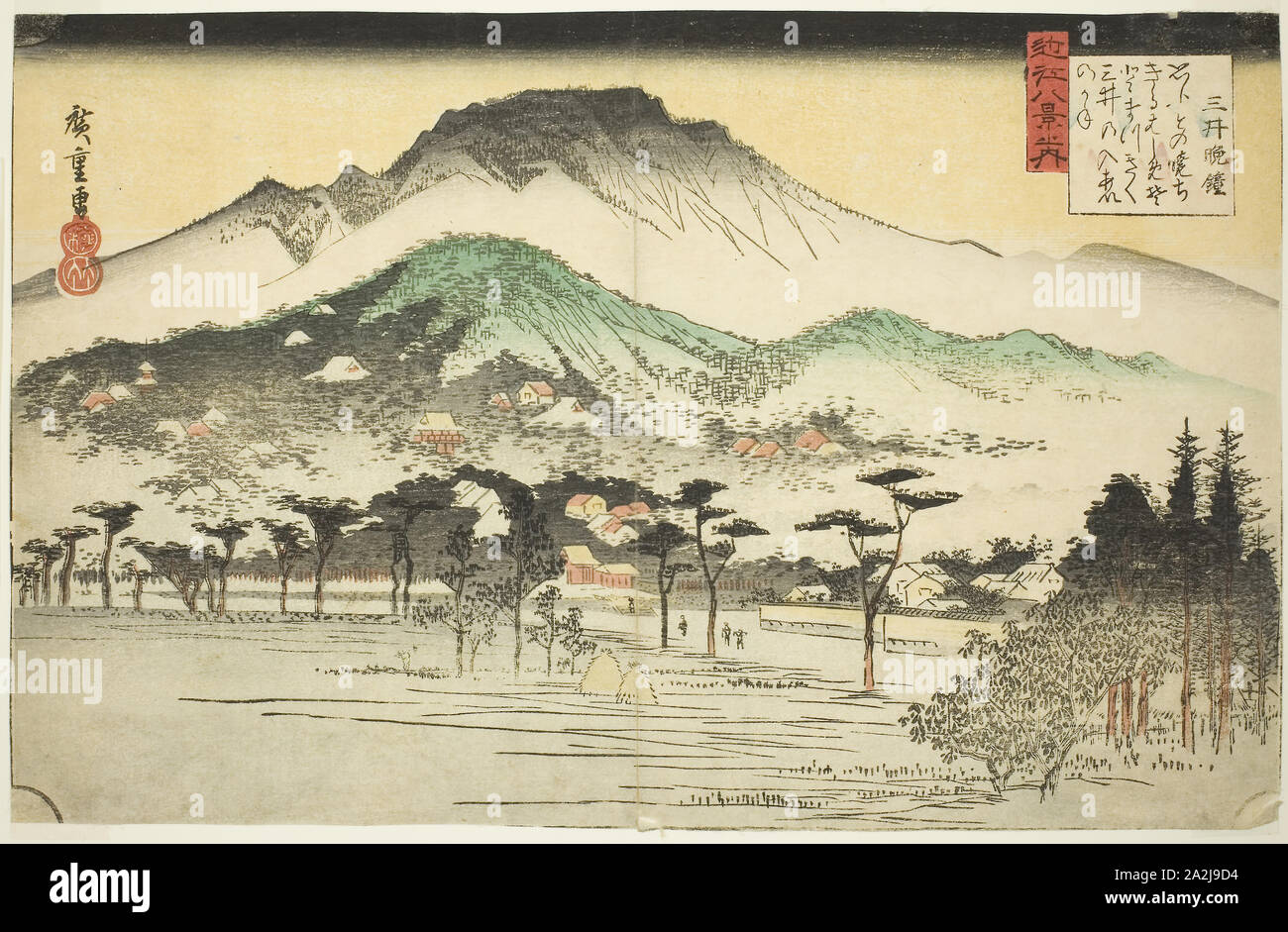 Abend Glocke an Mii Tempel (Mii bansho), aus der serie Acht Ansichten der Oblaten von der Makellosen Jungfrau Maria (OMI hakkei no Uchi), C. 1834, Utagawa Hiroshige 歌川 広重, Japanisch, 1797-1858, Japan, Farbe holzschnitt, Oban, 9 1/2 x 14 1/2 in. Stockfoto