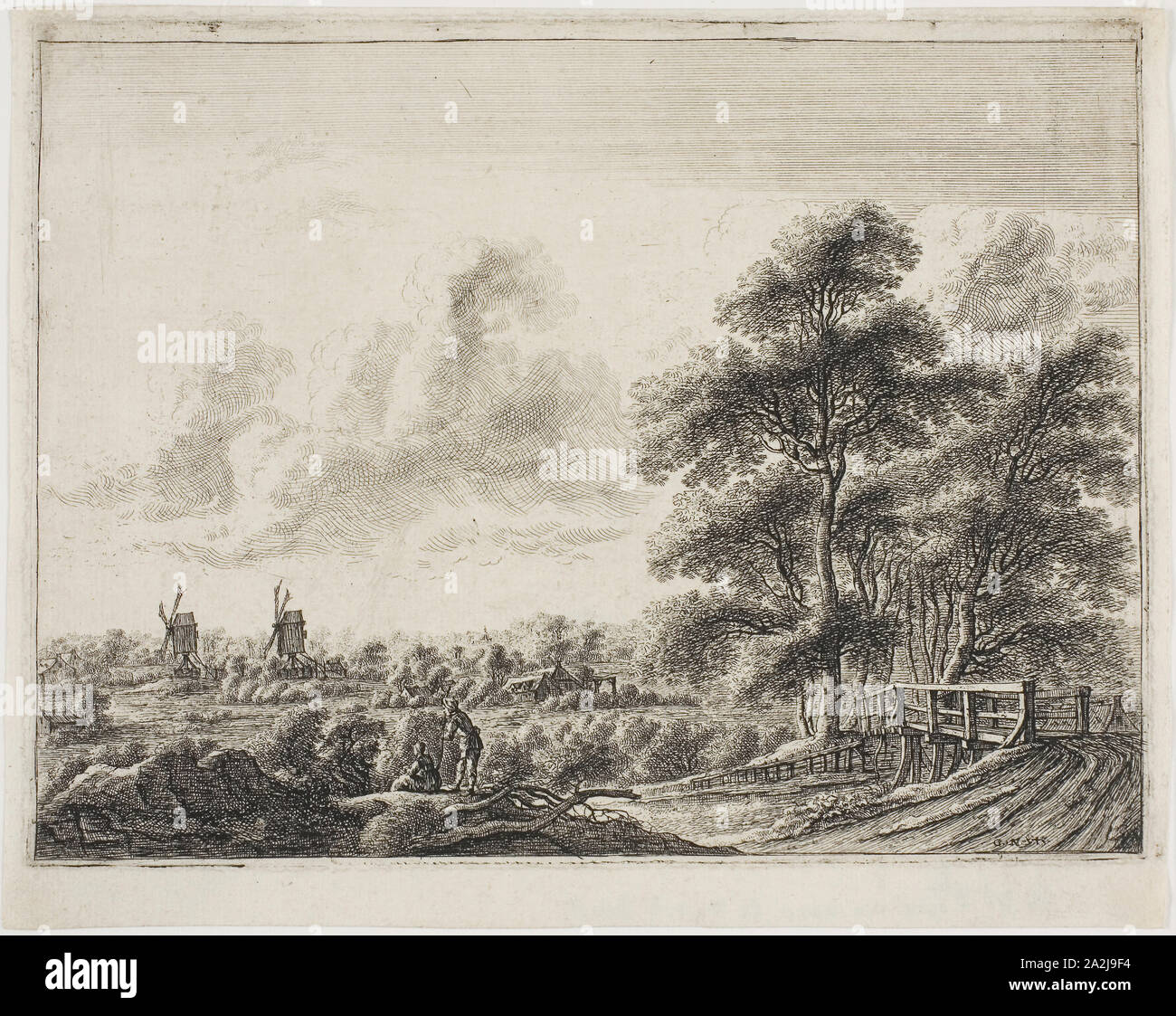 Landschaft mit kleinen Brücke, n.d., Gillis Neyts, Flämisch, 1623-87, Flandern, Ätzung auf Creme Bütten Stockfoto
