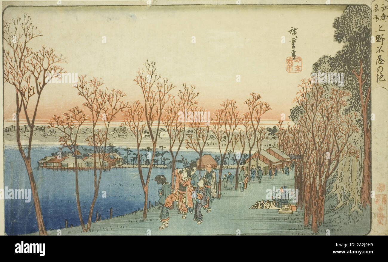 Shinobazu Teich bei Ueno (Ueno Shinobazu keine IKE-), aus der serie bekannte Orte in Edo (Koto Meisho), C. 1832/34, Utagawa Hiroshige 歌川 広重, Japanisch, 1797-1858, Japan, Farbe holzschnitt, Oban, 22,2 x 36,3 cm (8 7/8 x 14 1/4 in Stockfoto