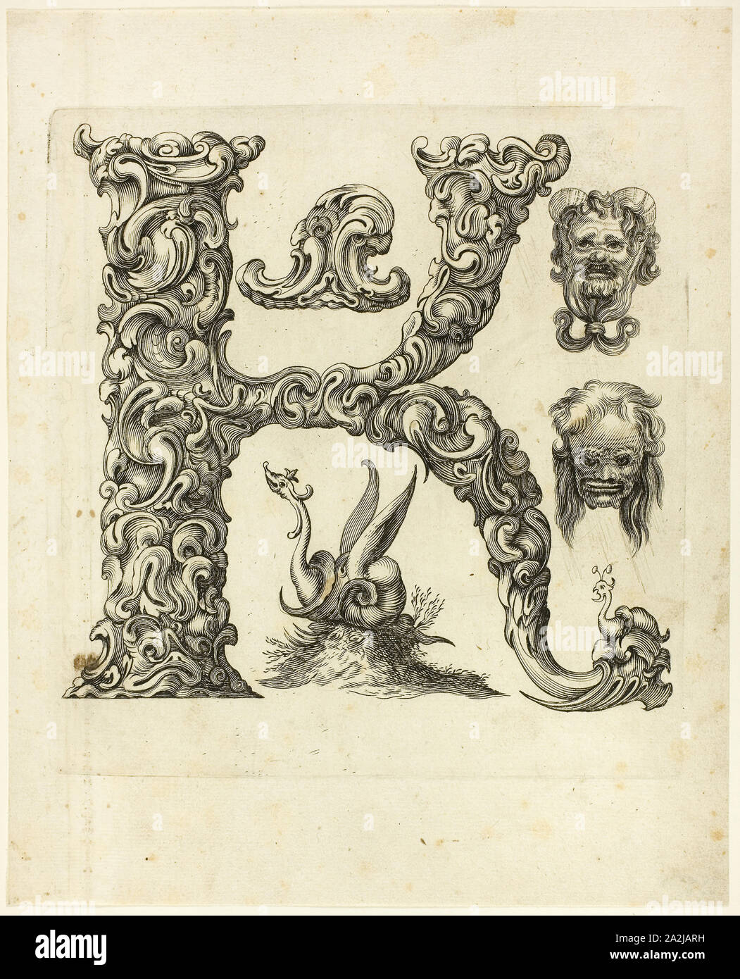 Buchstabe K, 1630, Peter Aubry, Deutsch, 1596-1668, Deutschland, Gravur auf Papier, 260 x 210 mm Stockfoto