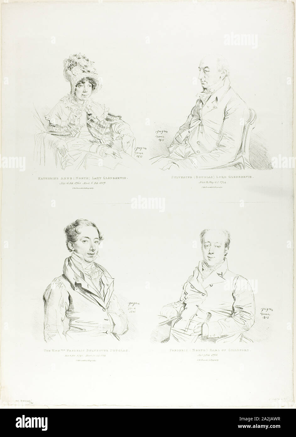 Vier Familie Portraits, 1815, Jean Auguste Dominique Ingres-, Französisch, 1780 - 1867, Frankreich, vier Lithographien in Schwarz auf einem Blatt Papier Elfenbein webten, 615 × 443 mm. Stockfoto