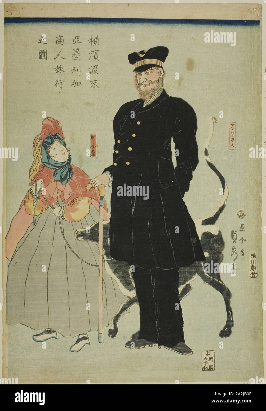 Amerikanische Kaufmann in Yokohama (Yokohama torai Amerika shonin ryoko nicht zu), 1861, Utagawa Sadahide, Japanisch, 1807-1873, Japan, Farbe holzschnitt Reisen, Oban Stockfoto