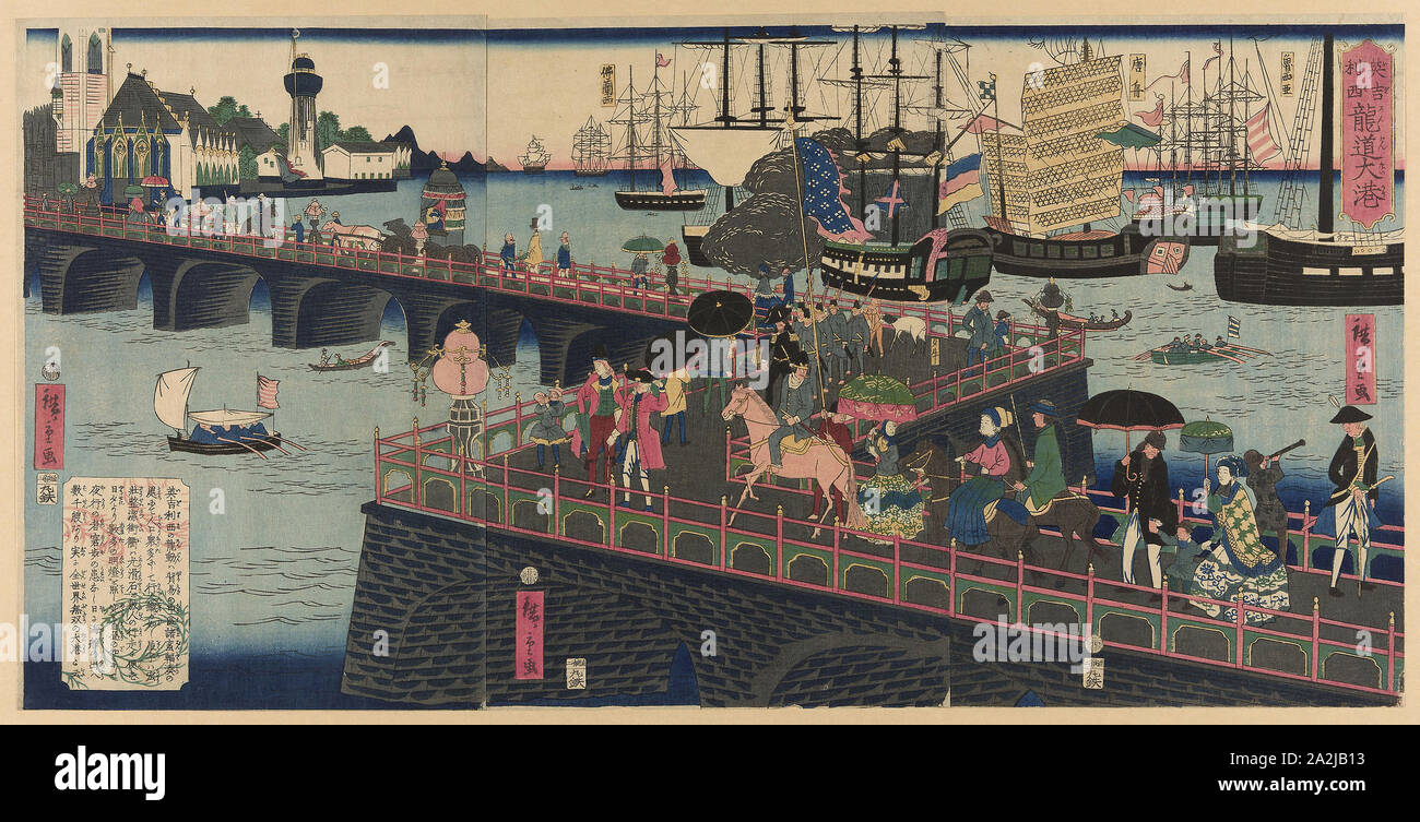 Der grosse Hafen in London, England (Egirisu, Rondon taiko), 1862, Utagawa Hiroshige II (shigenobu), Japanisch, 1826 - 1869, Japan, Farbe holzschnitt, oban Triptychon Stockfoto