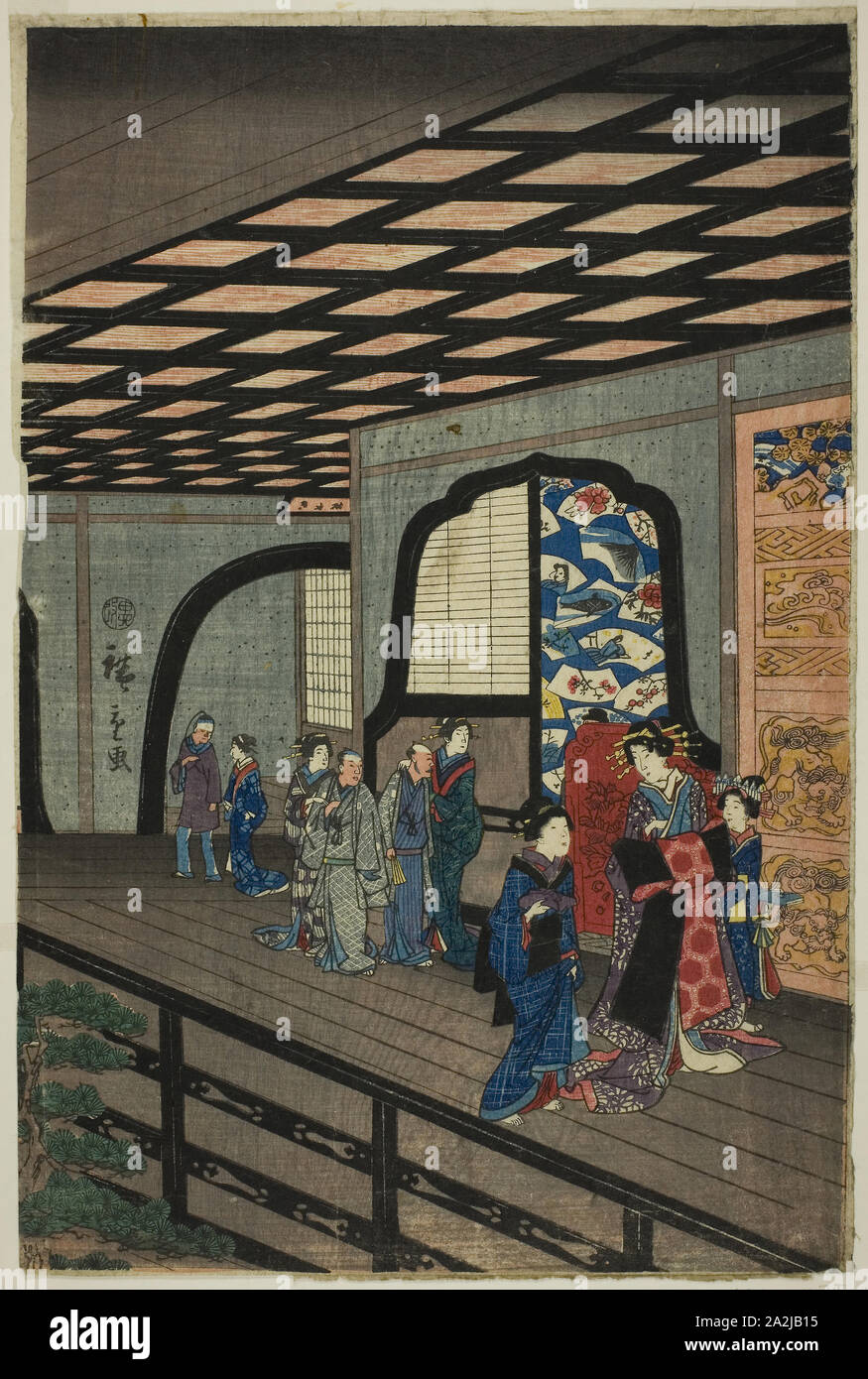 Obergeschoss des Gankiro in Yokohama (Yokohama Gankiro Alter) 1860, Utagawa Hiroshige II (shigenobu), Japanisch, 1826 - 1869, Japan, Farbe holzschnitt, linken Blatt oban Triptychon Stockfoto