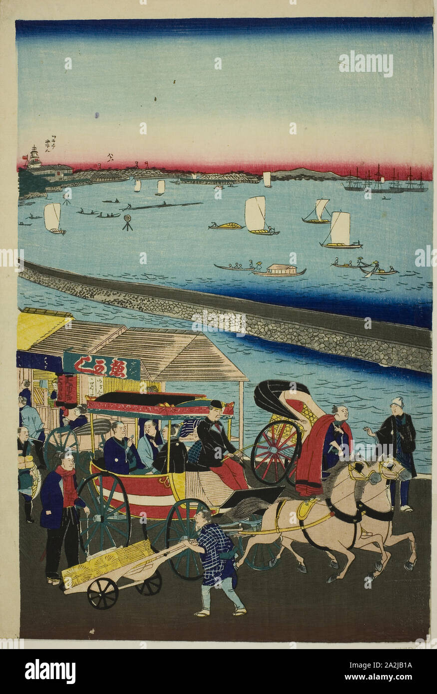 Bild der Dampfmaschine Eisenbahn in Yatsuyama, Tokyo (Tokyo Yatsuyama shita kaigan jokisha tetsudo nicht zu), C. 1871, Utagawa Hiroshige III, Japanisch, 1842-1894, Japan, Farbe holzschnitt, oban Triptychon Stockfoto
