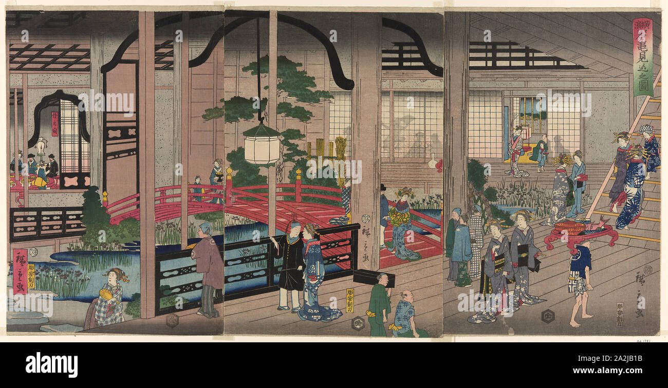 Der Innenraum des Gankiro in Yokohama (Yokohama Gankiro mikomi nicht zu), 1860, Utagawa Hiroshige II (shigenobu), Japanisch, 1826-1869, Japan, Farbe holzschnitt, oban Triptychon Stockfoto