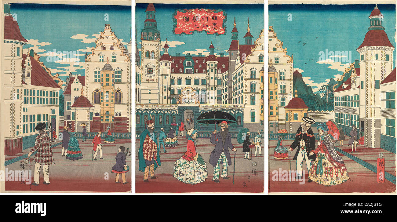 Ein Bild des Wohlstands: Amerika (Amerika shin Keine zu), 1861, Utagawa Hiroshige II (shigenobu), Japanisch, 1826-1869, Japan, Farbe holzschnitt, oban Triptychon, 37,2 x 75,2 cm Stockfoto