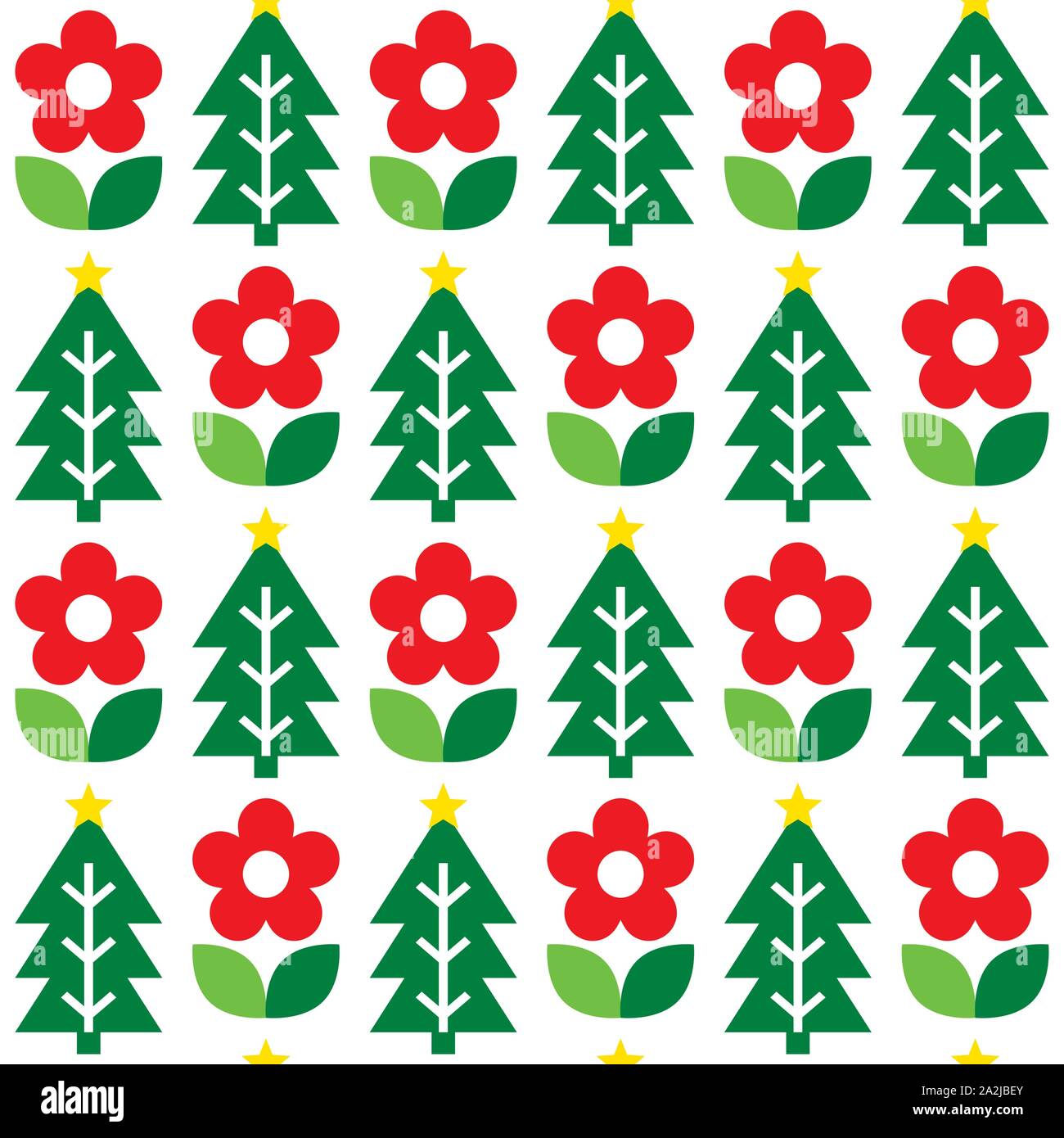 Süße repetitive Nordic Weihnachten Volkskunst Vektor nahtlose Muster, niedliche festliche Skandinavisches Design mit Blumen und Weihnachtsbäume Stock Vektor