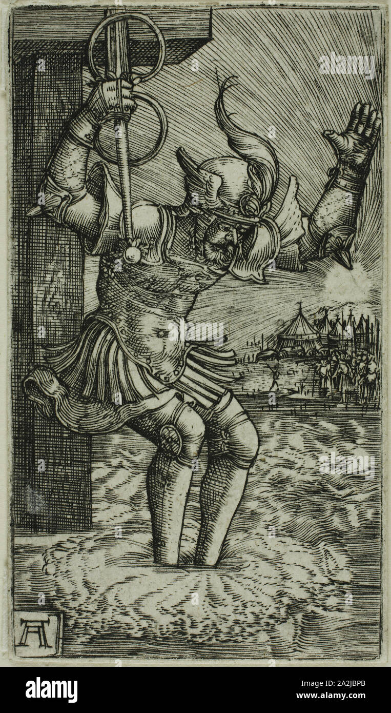 Steffen Cocles sprang in den Tiber, 1520/30, Albrecht Altdorfer, Deutsch, c 1480-1538, Deutschland, Gravur in Schwarz auf Elfenbein Bütten, 65 x 37 mm (Bild/Platte/Blatt Stockfoto