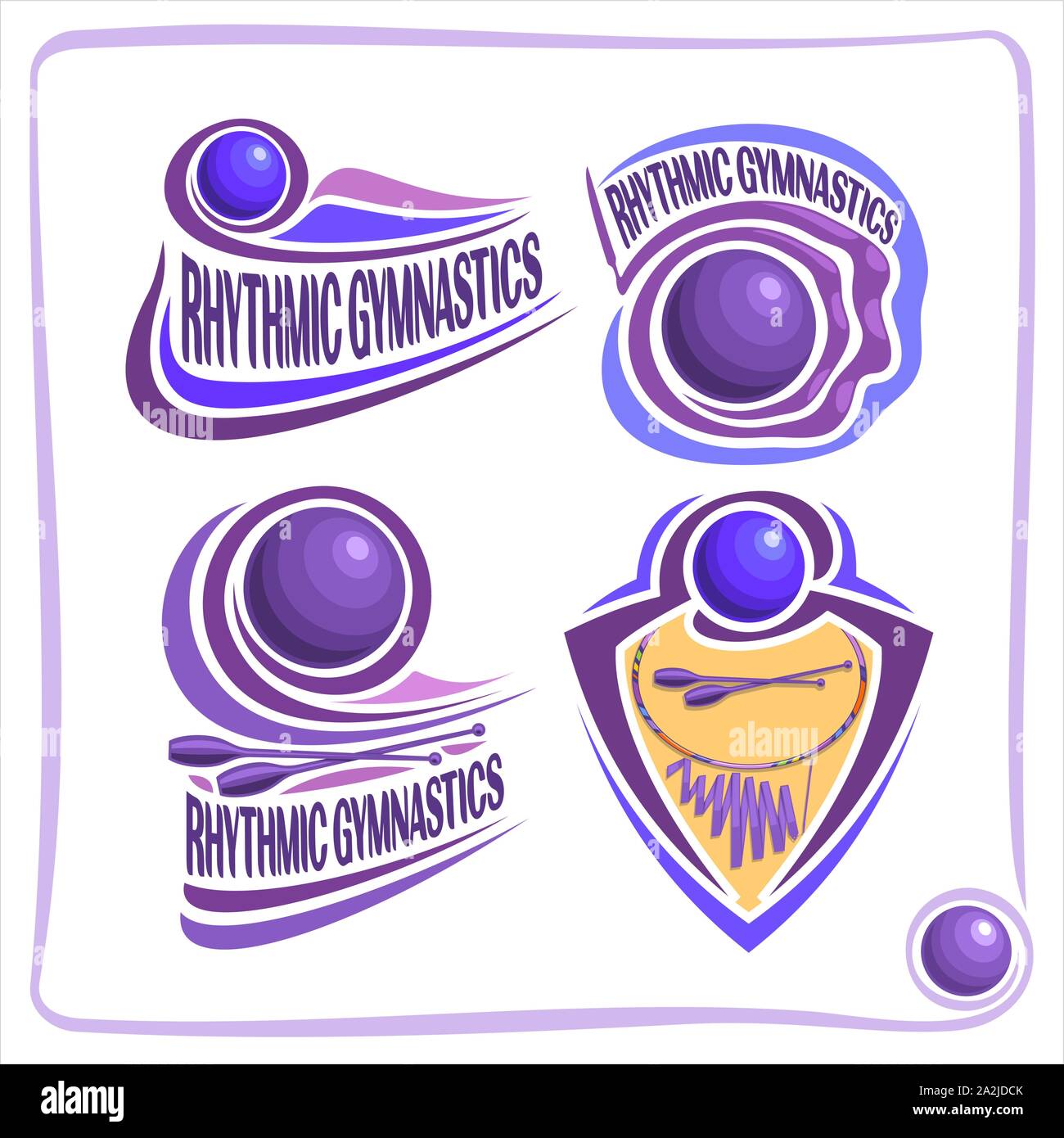 Vektor Anzeichen für Rhythmische Gymnastik: 4 Abstrakte clip art Logo mit Titel text-rhythmische Gymnastik, Sport Embleme mit Flying Blue Ball, crosse Stock Vektor