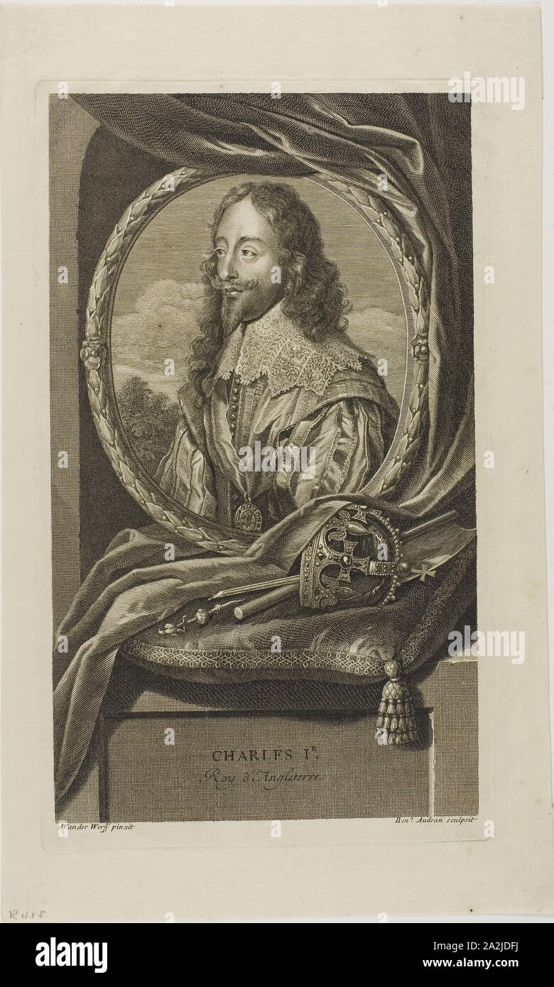 Karl I., König von England, 1697, Benoît audran I (Französisch, 1661-1721), nach Adriaen Van der Werff (Niederländisch, 1659-1722), Frankreich, Radierung mit Gravur und Creme auftragen auf Bütten, 297 x 173 mm (Bild), 313 x 184 mm (Platte), 374 × 224 mm (Blatt Stockfoto