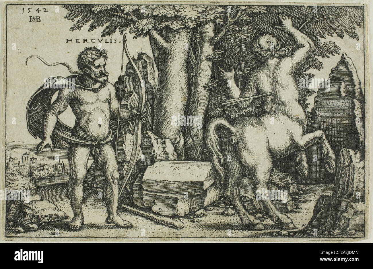 Hercules und Nessus, aus den Arbeiten des Herkules, 1542, Sebald Beham, Deutsch, 1500-1550, Deutschland, Gravur in Schwarz auf Elfenbein Papier, 50 x 78 mm (Bild/Platte), 52 x 79 mm (Blatt festgelegt Stockfoto