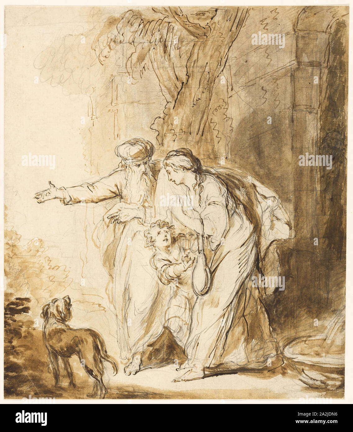 Senden Sie Abraham Hagar und Ismael, n.d., John Hamilton Mortimer (Englisch, 1740-1779), oder Ferdinand Bol (Niederländisch, 1616-1680), England, Pen und brauner Tinte, mit Pinsel und Braun waschen über Graphit, auf Creme Bütten, 304 × 267 mm. Stockfoto
