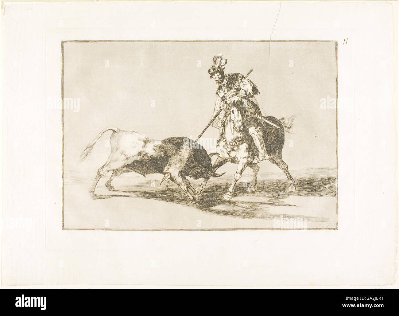 Die Cid Campeador Speeren anderen Stier, Platte elf von der Kunst des Stierkampfes, 1814/16, veröffentlicht 1816, Francisco José de Goya y Lucientes, Spanisch, 1746-1828, Spanien, Radierung, Aquatinta und brüniert Burin auf Elfenbein Bütten, 216 x 315 mm (Bild), 250 x 352 mm (Platte), 323 x 449 mm (Blatt Stockfoto