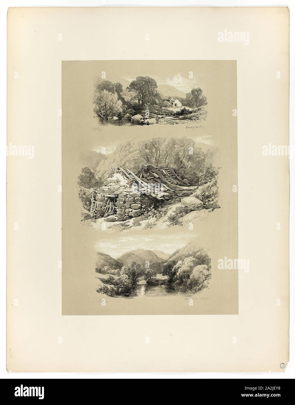 Pandy Mühle, Kirche, und in einer anderen Betreff, von malerischen Auswahlen, C. 1860, James Duffield Harding, (Englisch, 1798-1863), von W. Kent und Co., England, Lithographie auf Papier veröffentlicht, 390 × 271 mm (Primary Support), 560 × 430 mm (sekundäre Unterstützung Stockfoto