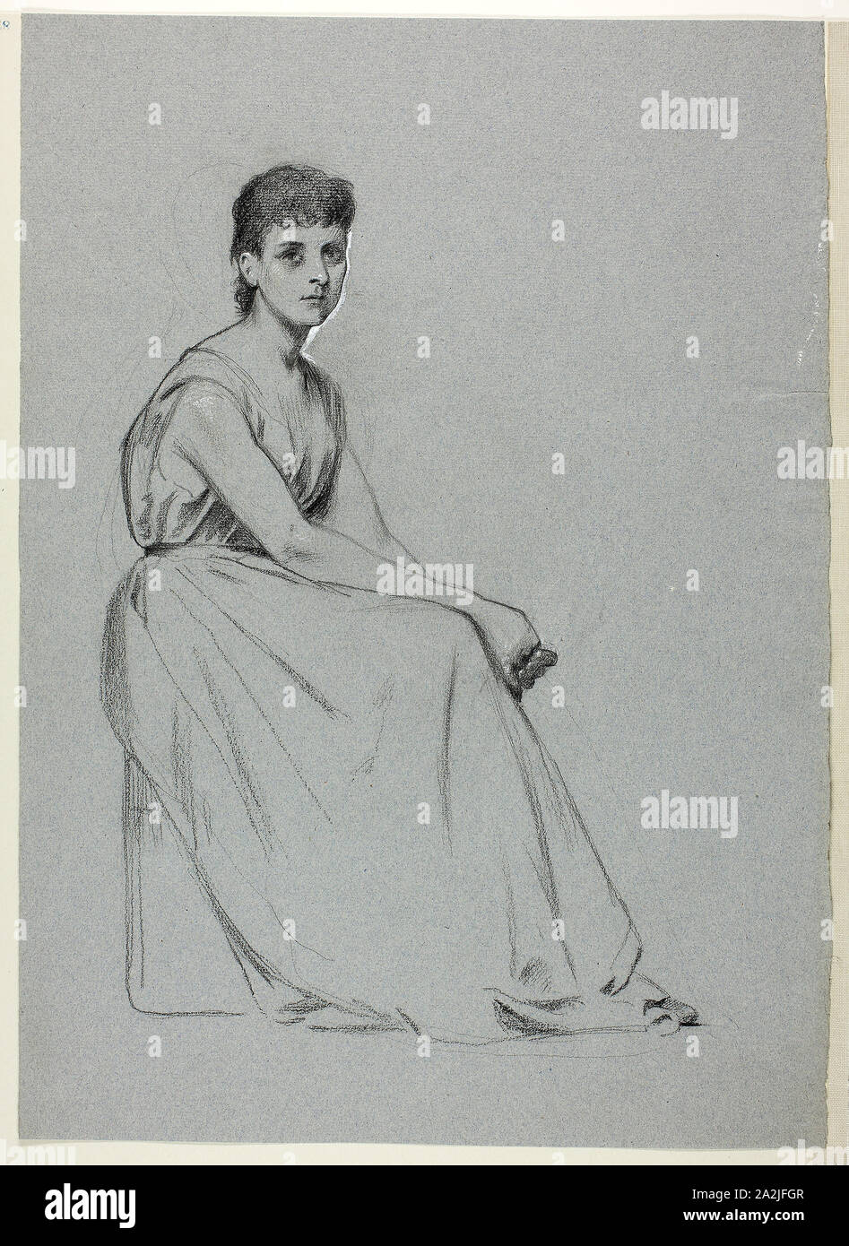 Sitzende Frau nach Rechts, n.d., Henry Stacy Marks, Englisch, 1829-1898, England, Schwarz Pastell, mit weißen Gouache verstärkt, blau auf Bütten, 441 × 318 mm. Stockfoto