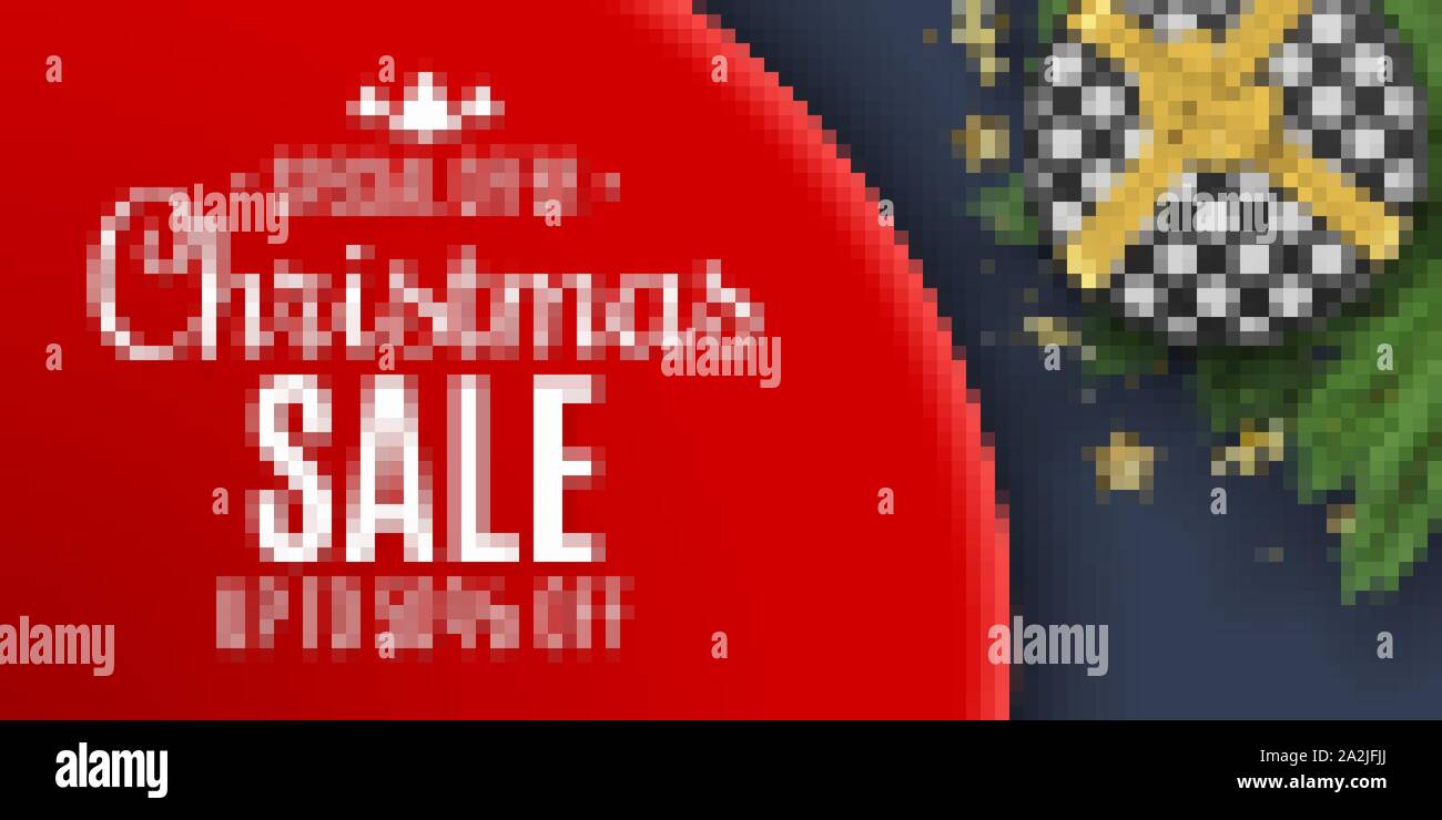 Weihnachten Verkauf Banner für das Web. Geschenkbox und Band mit Schleife. Goldene Sterne und Serpentine auf eine Tanne. Stilvolle Schriftzug. Saisonale Weihnachtseinkäufe. Vec Stock Vektor