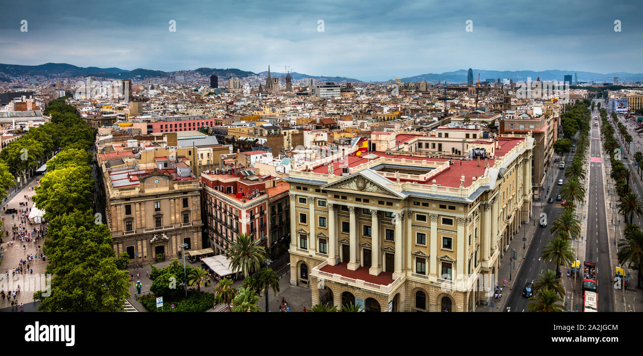 Ansicht von oben der Barrio Gotico in Barcelona mit dem Miliare Hauptsitz im Vordergrund, La Ramblas und Passeig de Colon auf der rechten Seite. Stockfoto