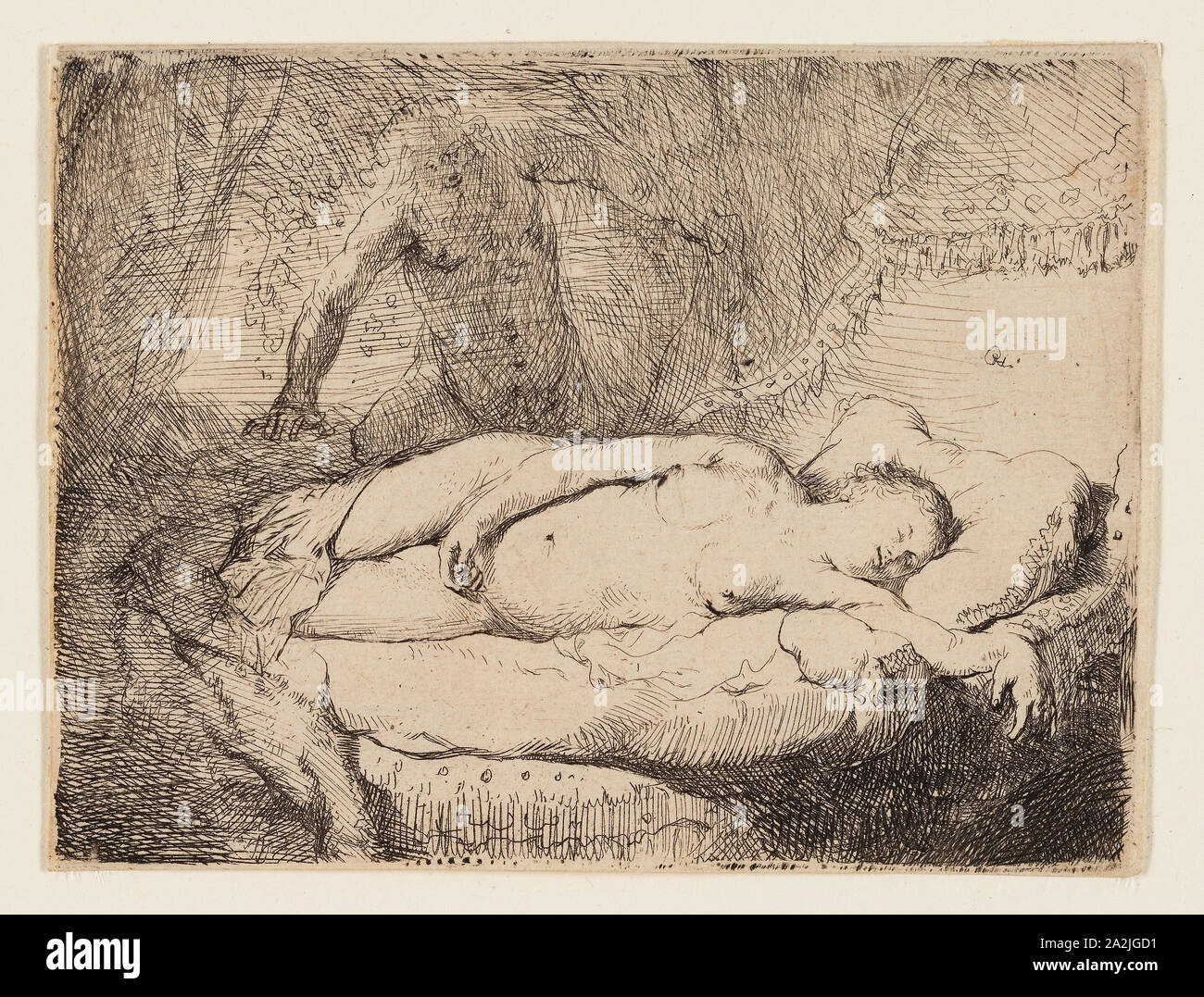 Jupiter und Antiope: kleinere Platte, C. 1631, Rembrandt van Rijn, niederländischer, 1606-1669, Holland, Ätzung auf festem Bütten, 84 x 114 mm (Blatt, auf Platte mark getrimmt Stockfoto