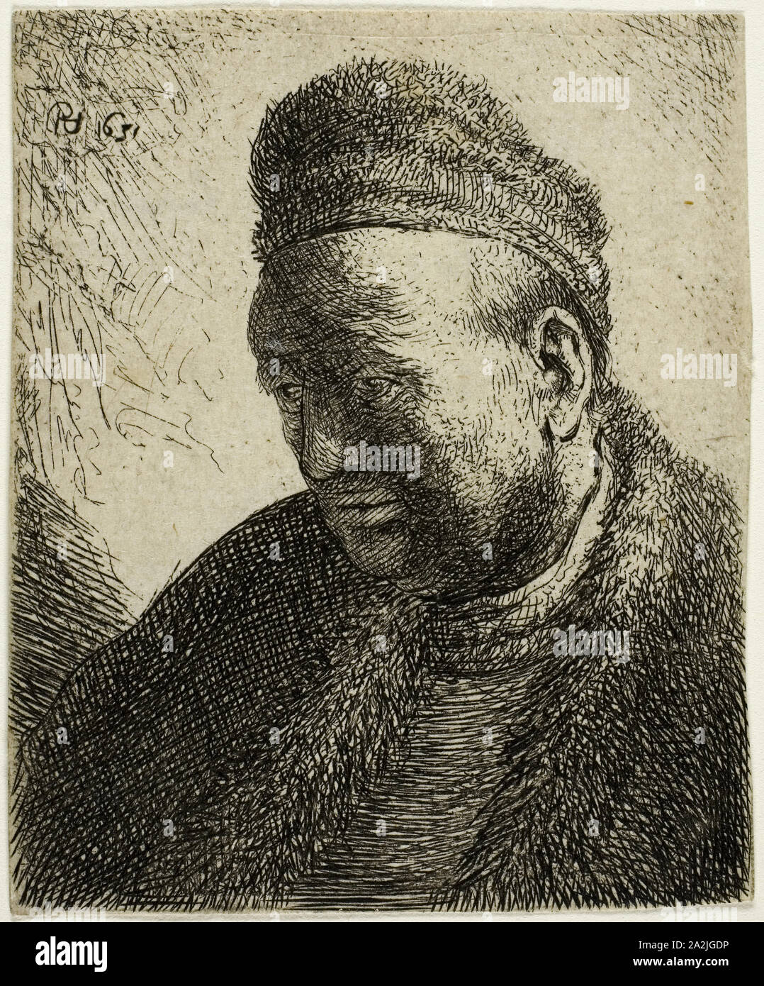 Bartlos Mann in einem Fell Mantel und Kappe: Büste, 1631, Rembrandt van Rijn, niederländischer, 1606-1669, Holland, Ätzung auf Papier, 70 x 58 mm (Blatt, innerhalb der Platte mark getrimmt Stockfoto