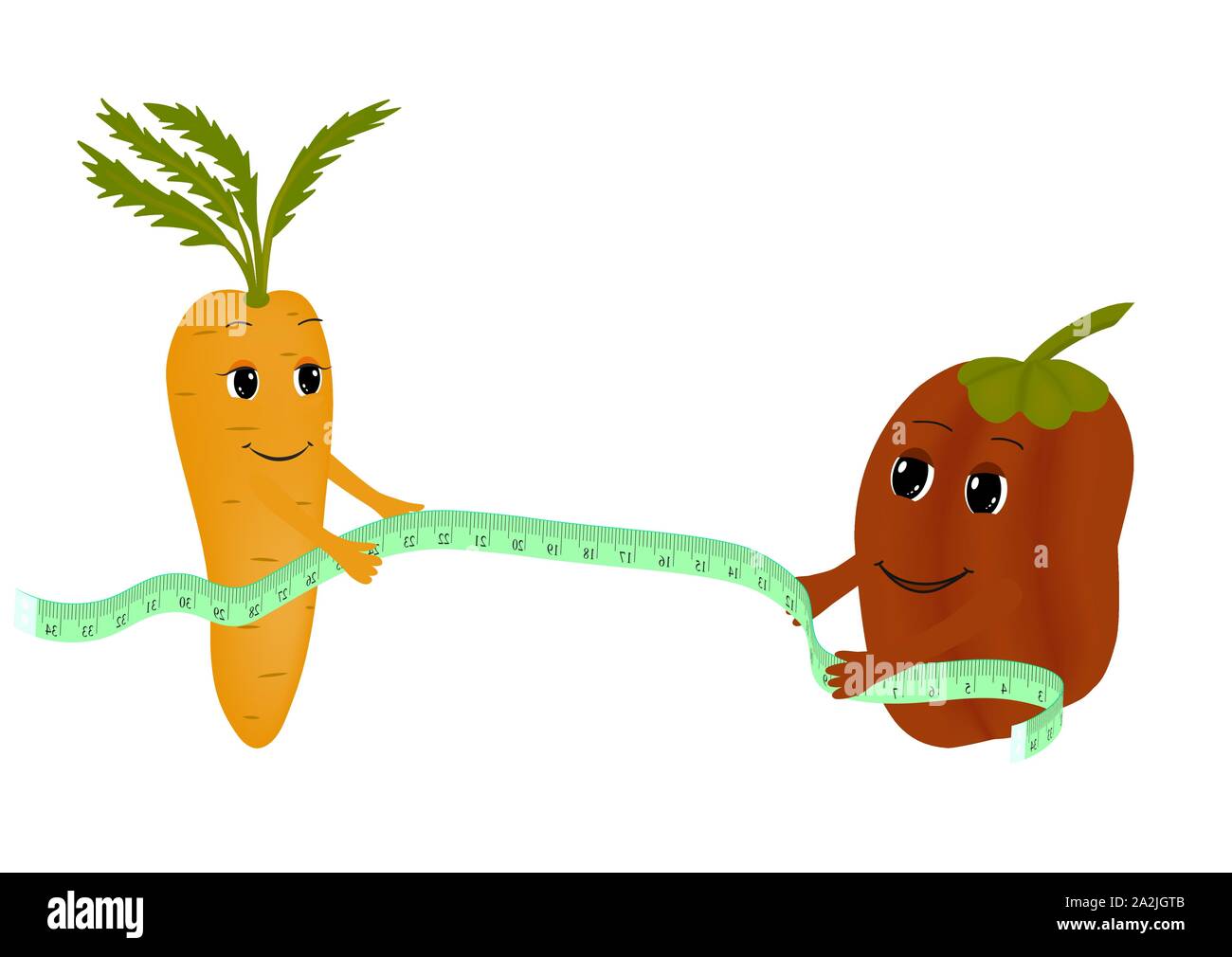 Zeichen Karotten und Paprika gestreckt ein Maßband. Isolierte Vector Illustration Stock Vektor