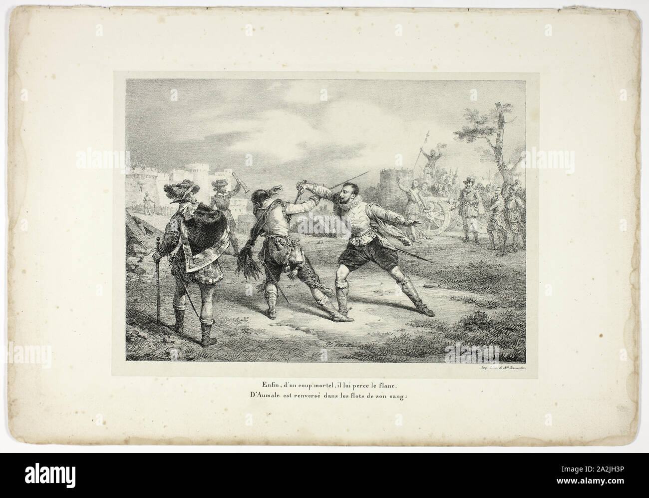 Enfin, d'un Coup mortel, il lui Perce le flanc…, 1825, Horace Vernet (Frankreich, 1789-1863), Gedicht von Voltaire (Französisch, 1694-1778), gedruckt von Mademoiselle Formentin (Französisch, 18.-19. Jahrhundert), Dubois (Französisch, 18.-19. Jahrhundert), Frankreich, Lithographie in Schwarz auf Grau chine, festgelegt auf Elfenbein webte Papier (chine collé), 187 × 265 mm (Bild), 203 × 283 mm (Primary Support), 290 × 419 mm (sekundäre Unterstützung Stockfoto