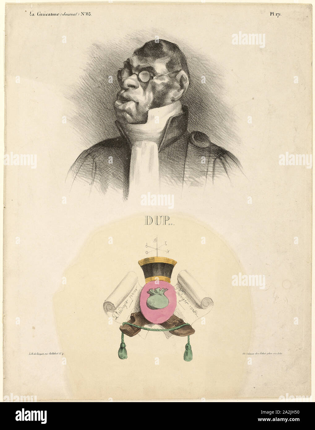 DUP…, Platte 171 von Célébrités de la Karikatur, 1832, Honoré Victorin Daumier, Französisch, 1808-1879, Frankreich, Lithographie in Schwarz, mit hand Färbung, auf Elfenbein webte Papier, fest (fixativ zu gelb verfärbt), 332 × 258 mm. Stockfoto