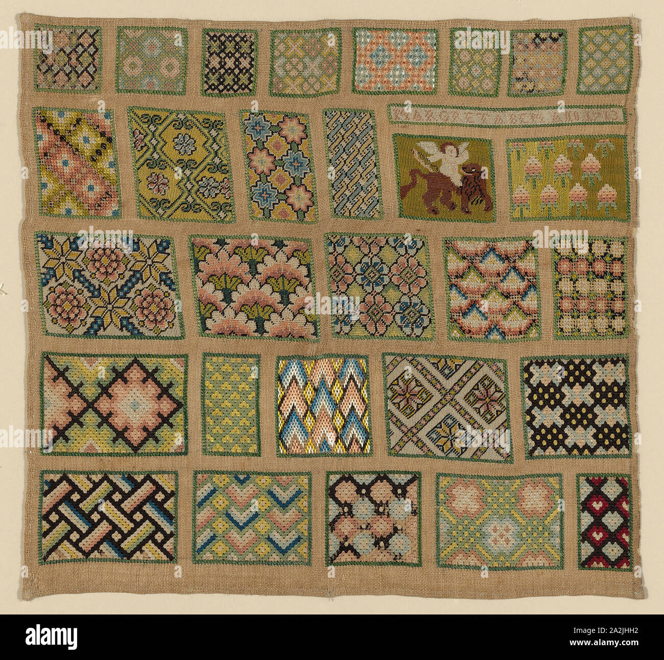 Sampler, 1713, Margreta Bem (Deutsch, Aktiv, 1713), Deutschland, Bettwäsche, in Leinwandbindung, mit Zwanzig neun Quadrate mit verschiedenen Handarbeiten Muster in einer Vielzahl von Stichen gefüllt, 37,3 x 39,4 cm (14 5/8 x 15 1/2 in. Stockfoto