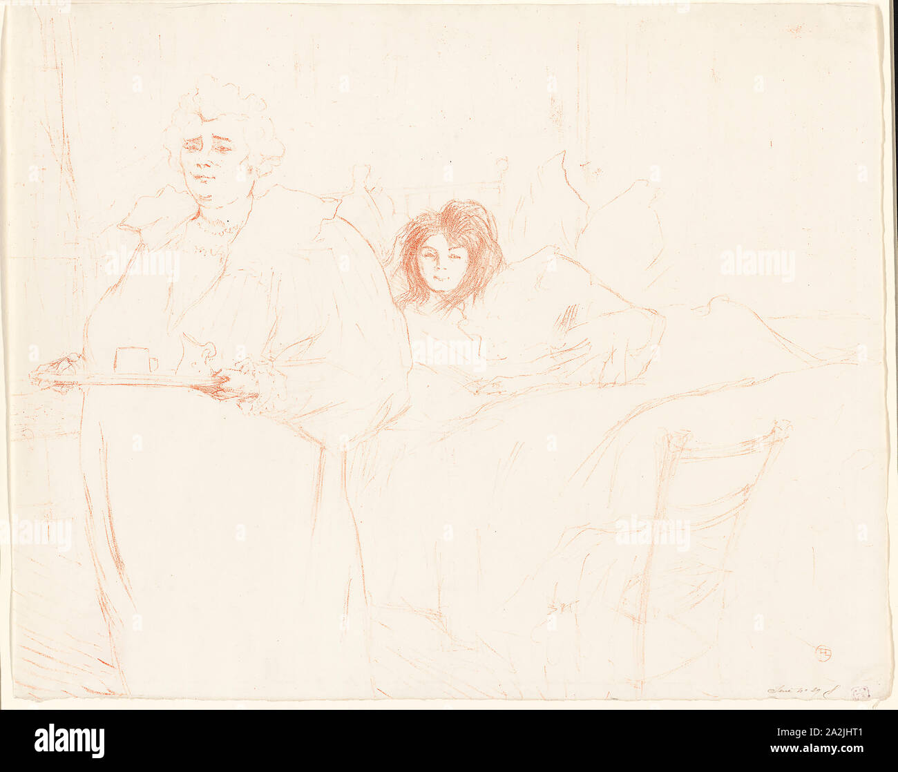 Frau mit einem Fach - Frühstück (Madame Baron und Mademoiselle Popo), Platte zwei von Elles, 1896, Henri de Toulouse-Lautrec (Französisch, 1864-1901), herausgegeben von Gustave Pellet (Französisch, 1859-1919), vermutlich von Auguste Clot (Französisch, 1858-1936), Frankreich, Farblithographie auf Elfenbein webte Papier, 397 × 504 mm (Bild), 402 × 507 mm (Blatt gedruckt Stockfoto