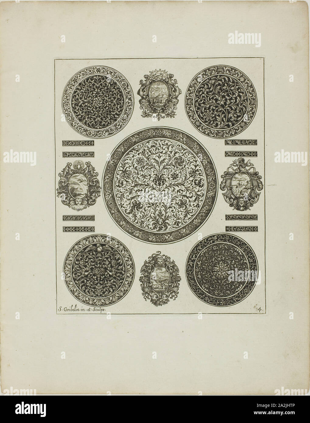 Platte vier, von Buch des Ornaments, 1704, Simon Gribelin II, Französisch, 1661-1733, Frankreich, Gravur auf Papier, 194 x 158 mm (Bild/Platte), 296 × 232 mm (Blatt Stockfoto