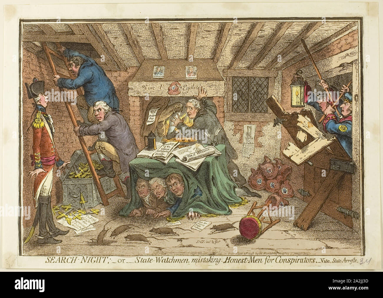 Search-Night, veröffentlicht März 20, 1798, James Gillray (Englisch, 1756-1815), von Hannah Humphrey (Englisch, c. veröffentlicht. 1745-1818), England, handkolorierte Radierung auf Papier, 247 x 357 mm (Bild), 260 x 362 mm (Platte), 275 × 392 mm (Blatt Stockfoto
