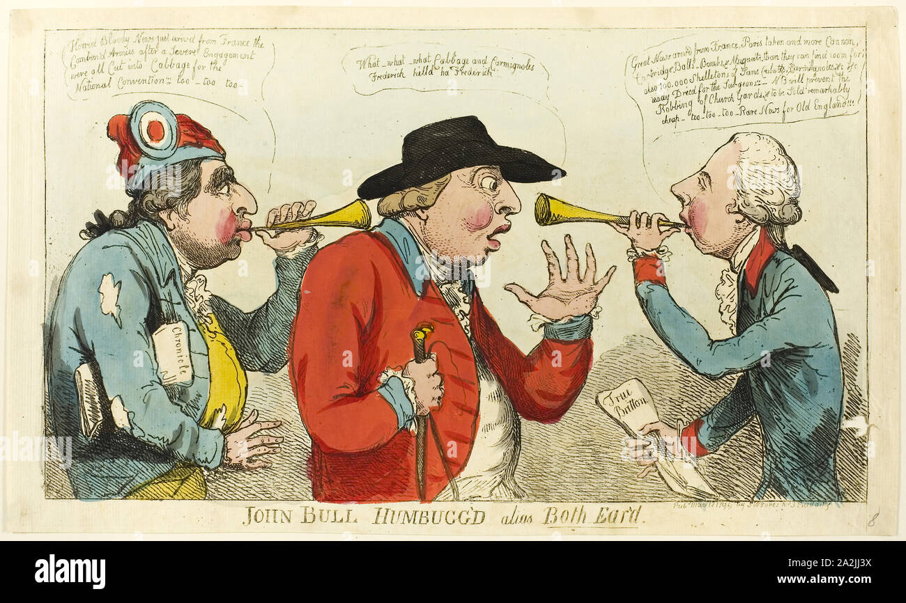 John Bull Humbugg 'dAlias sowohl Ohr hatte, 12. Mai 1794 veröffentlichten, Isaac Cruikshank (Englisch, 1764-1811), herausgegeben von S.W. Fores (Englisch, 1761-1838), England, handkolorierte Radierung auf Elfenbein Papier, 220 × 385 mm (Bild), 242 x 415 mm (Platte), 248 × 418 mm (Blatt Stockfoto