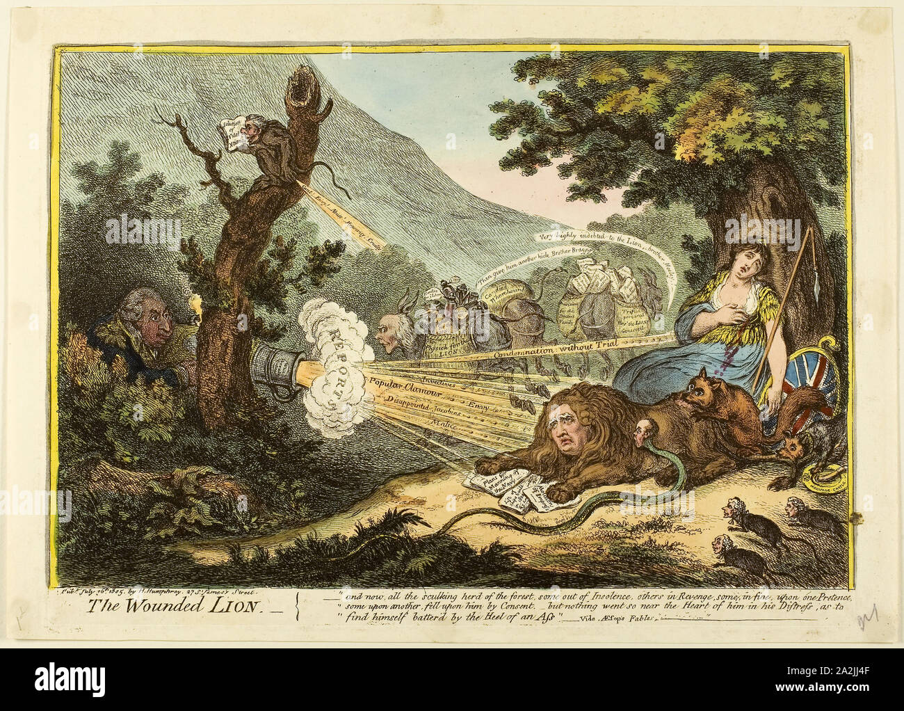 Der Verletzte Löwe, veröffentlicht im Juli 16, 1805, James Gillray (Englisch, 1756-1815), von Hannah Humphrey (Englisch, c. veröffentlicht. 1745-1818), England, handkolorierte Radierung auf Papier, 243 x 356 mm (Bild), 260 x 358 mm (Platte), 283 × 390 mm (Blatt Stockfoto