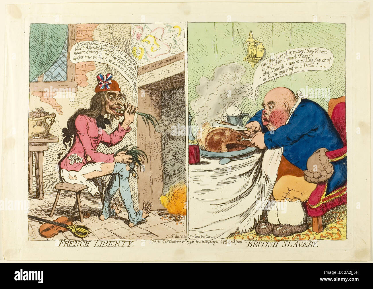 Französisch Freiheit, Britische Sklaverei, veröffentlicht im Dezember 21, 1792, James Gillray (Englisch, 1756-1815), von Hannah Humphrey (Englisch, c. veröffentlicht. 1745-1818), England, Radierung in Dunkelbraun, mit handcoloring, auf Creme webte Papier, 235 × 342 mm (Bild), 249 x 354 mm (Platte), 277 × 396 mm (Blatt Stockfoto