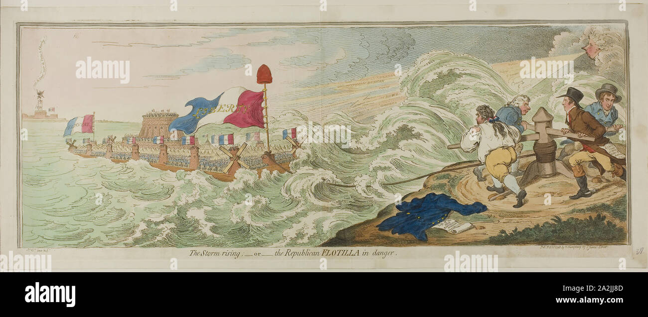 Die Storm Rising, publilshed Februar 1, 1798, James Gillray (Englisch, 1756-1815), von Hannah Humphrey (Englisch, c. veröffentlicht. 1745-1818), England, handkolorierte Radierung auf Papier, 249 x 668 mm (Bild), 265 x 675 mm (Platte), 290 × 705 mm (Blatt Stockfoto