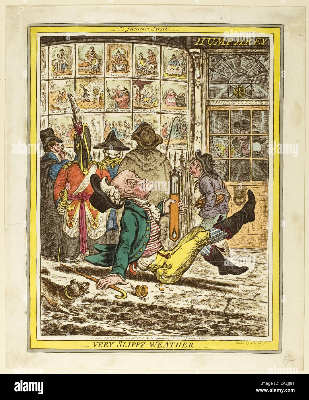 Sehr rutschigen Wetter, veröffentlicht im Februar 10, 1808, James Gillray (Englisch, 1756-1815), von Hannah Humphrey (Englisch, c. veröffentlicht. 1745-1818), England, handkolorierte Radierung auf Papier, 252 x 195 mm (Bild), 260 x 205 mm (Platte), 283 × 235 mm (Blatt Stockfoto