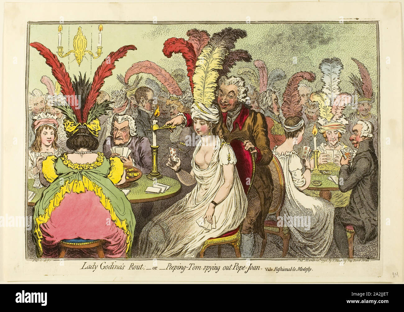 Lady's Godina Rout, - oder - Peeping Tom Ausspähen die Päpstin, veröffentlicht März 12, 1796, James Gillray (Englisch, 1756-1815), von Hannah Humphrey (Englisch, c. veröffentlicht. 1745-1818), England, Radierung in Dunkelbraun, mit handcoloring, auf Creme webte Papier, 242 × 357 mm (Bild), 260 x 361 mm (Platte), 282 x 400 mm (Blatt Stockfoto