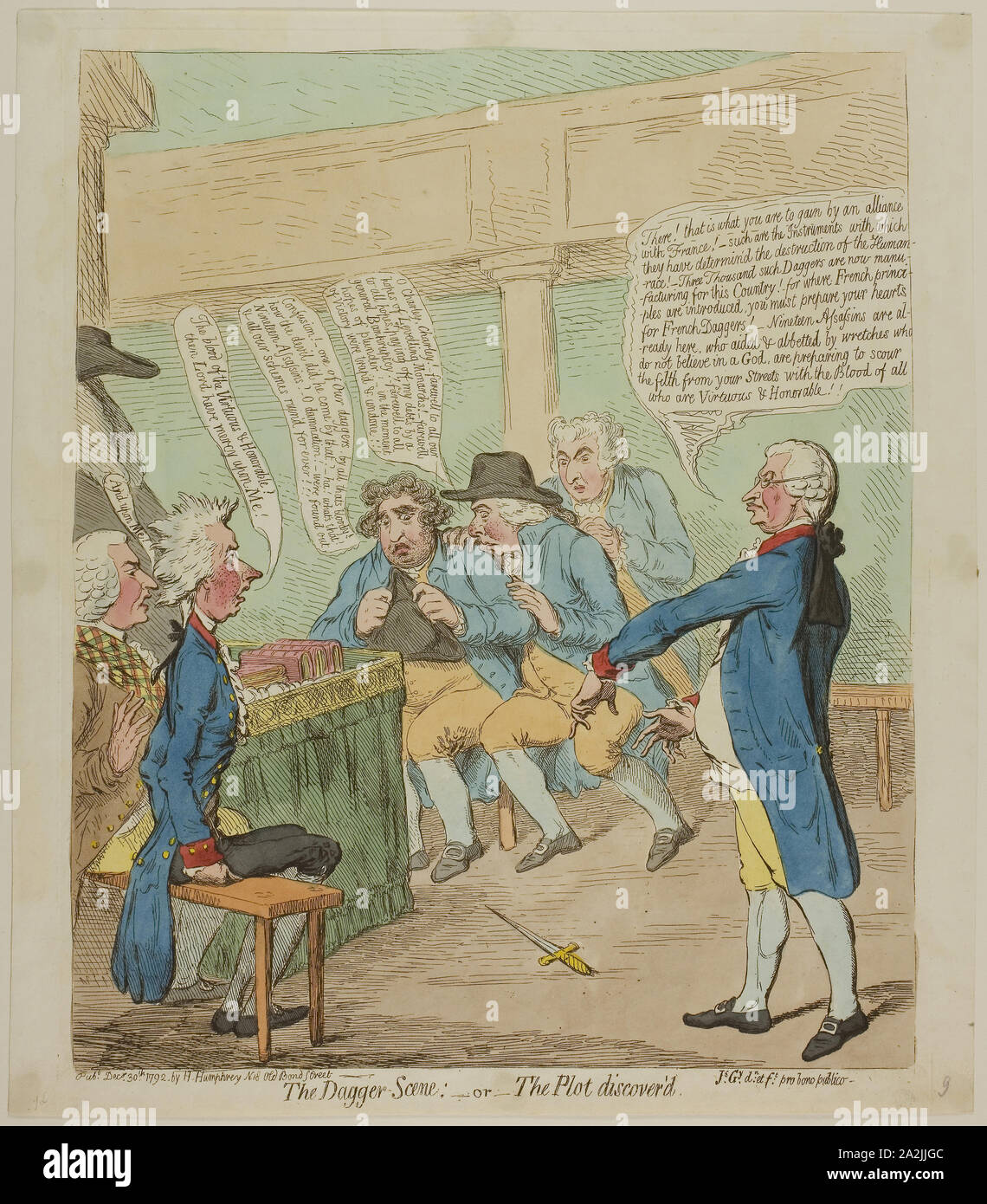 Der Dolch Szene, veröffentlicht im Dezember 30, 1792, James Gillray (Englisch, 1756-1815), von Hannah Humphrey (Englisch, c. veröffentlicht. 1745-1818), England, handkolorierte Radierung auf Papier, 350 x 288 mm (Bild), 370 × 300 mm (Platte), 380 × 330 mm (Blatt Stockfoto