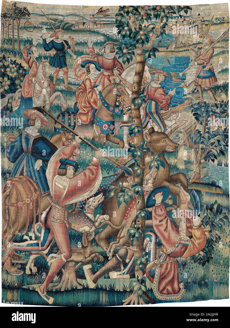 Tapestry (Bär Jagd und Falknerei aus einer Jagt Serie), C. 1525, franko-flämischen, Belgien, Wolle und Seide, Schlick und Einzel- und Doppelzimmer verzahnt Gobelin-webart, 259,8 × 337,5 cm (102 5/16 × 132 7/8 in Stockfoto