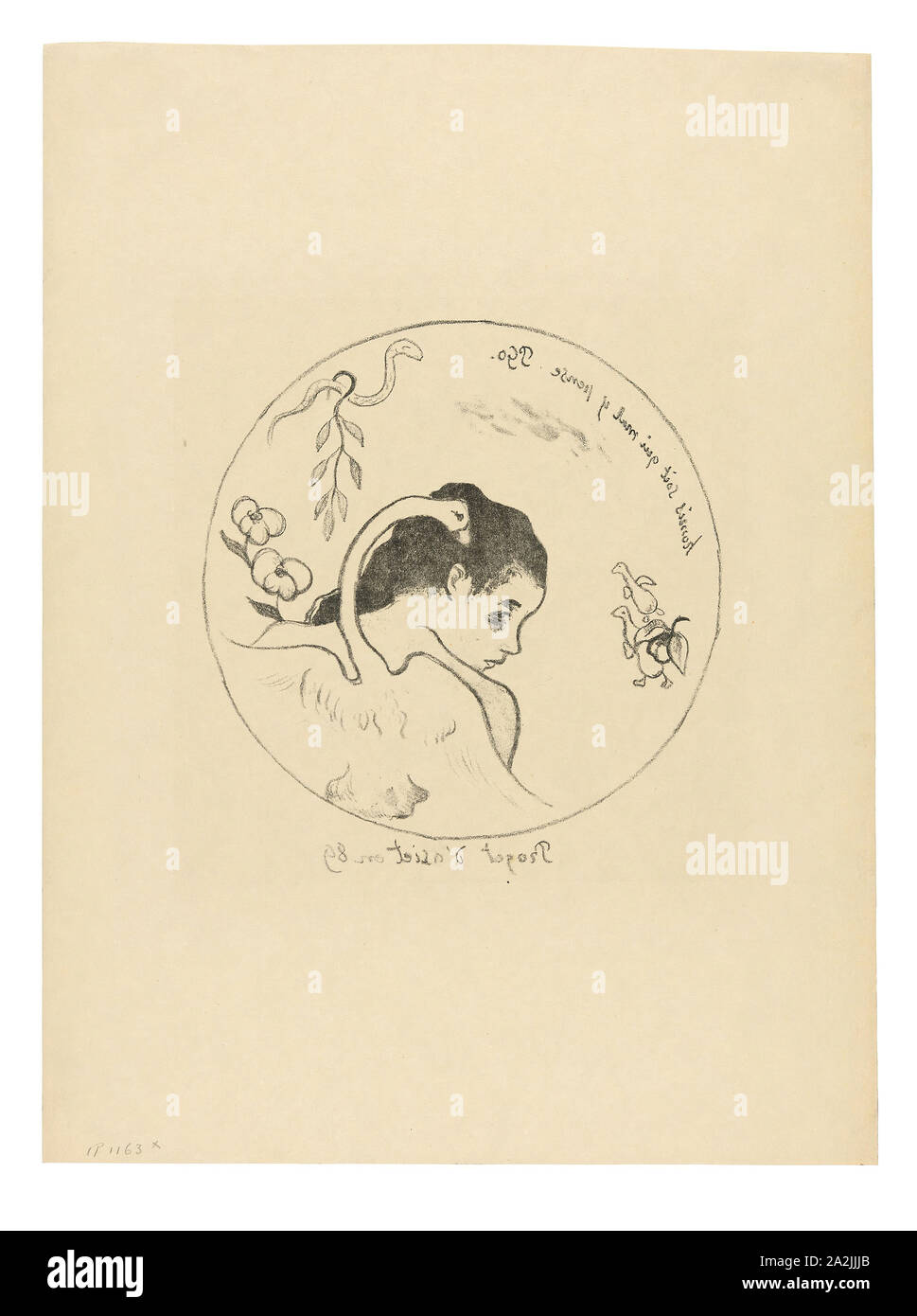 Projet d'Assiette (Leda) (Design für eine Platte [Leda]), frontispiz von der Volpini Suite, 1889, nach 1911 gedruckt, Paul Gauguin (Französisch, 1848-1903), herausgegeben von Ambroise Vollard (Französisch, 1867-1939), Frankreich, Zincograph in Schwarz auf Elfenbein webte Papier (Imitation japanischer Vellum), 217 x 205 mm (Bild), 441 × 331 mm (Blatt Stockfoto