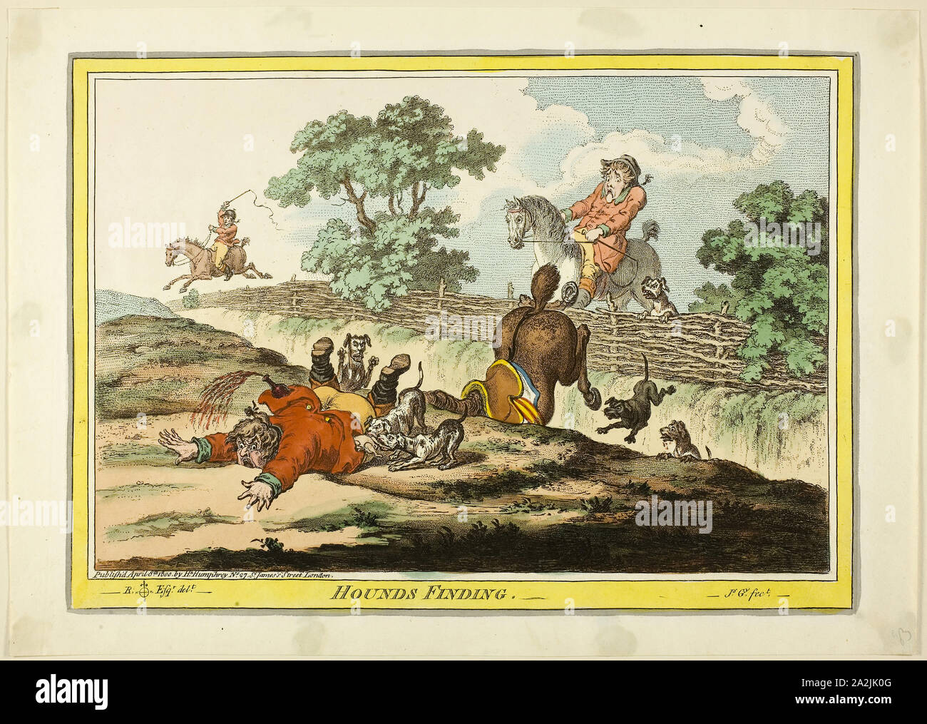 Jagdhunde Finden, veröffentlicht im April 8, 1800, James Gillray (Englisch, 1756-1815), nach Brownlow Norden (Englisch, 1778-1829), England, handkolorierte Radierung auf Papier, 245 x 345 mm (Bild), 250 × 350 mm (Platte), 285 x 400 mm (Blatt Stockfoto