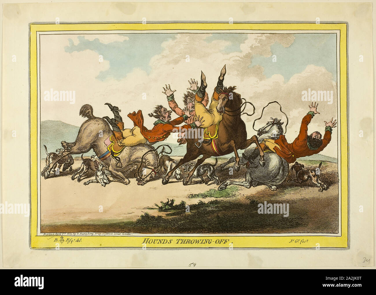 Jagdhunde Abwerfen, April 8, 1800 veröffentlicht, James Gillray (Englisch, 1756-1815), nach Brownlow Norden (Englisch, 1778-1829), England, handkolorierte Radierung auf Papier, 247 x 347 mm (Bild), 250 × 350 mm (Platte), 290 × 405 mm (Blatt Stockfoto